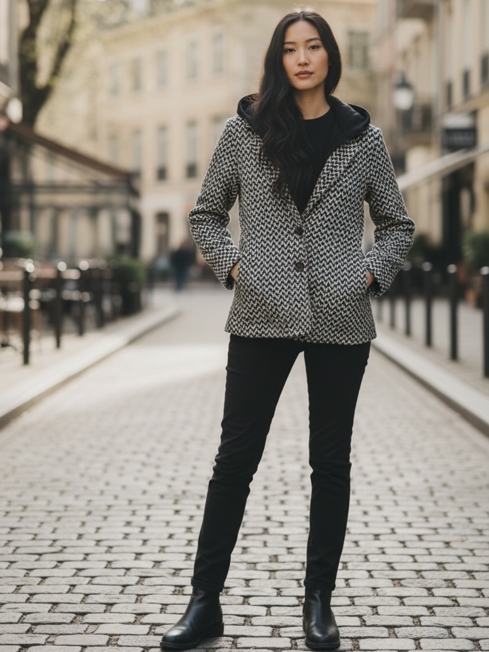 Tan/ Black Chevron Herringbone Detachable Hooded Blazer Jacket